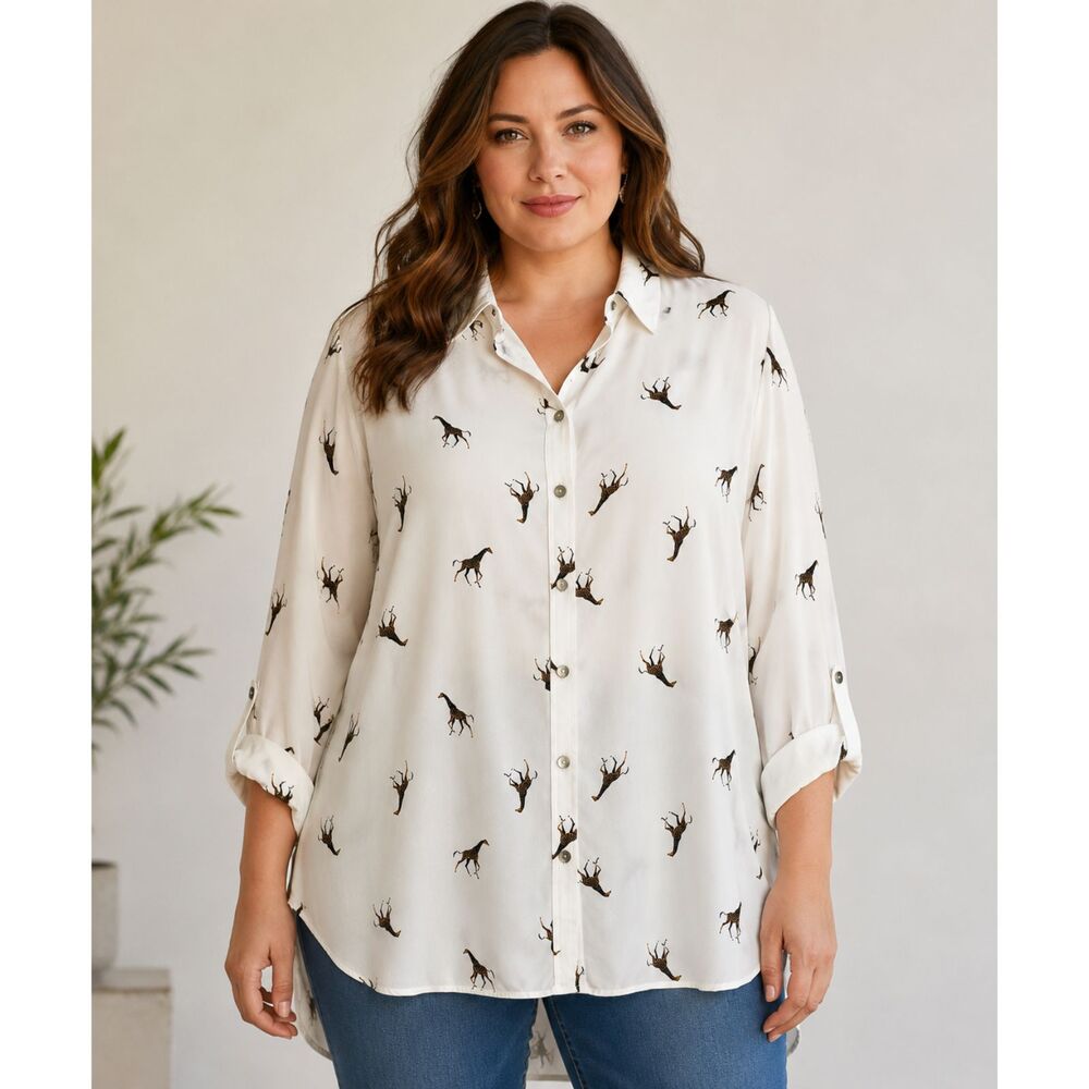 Jane + Delancey Giraffe Print Button Up Blouse 1X Safari Boho Plus Novelty